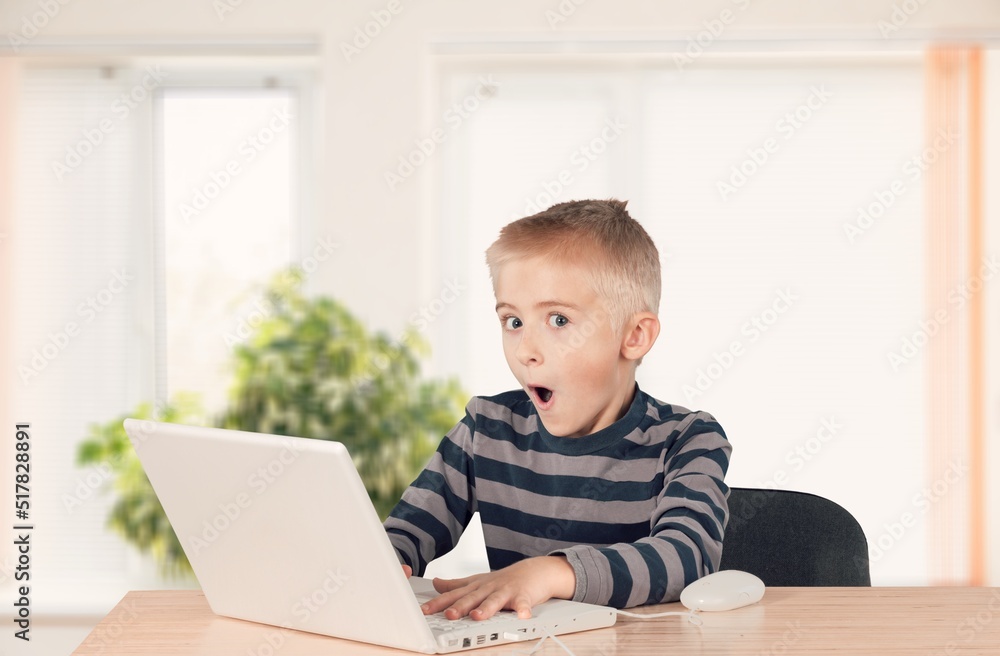 Cute schoolboy using laptop during computer class at school. Cute schoolboy using laptop during computer class at school.