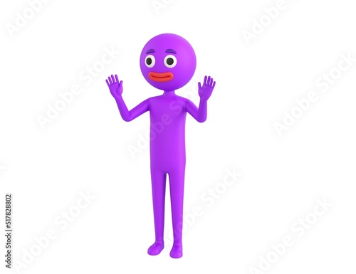Purple Man character raising hands and showing palms in surrender gesture in 3d rendering.