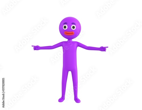 Purple Man character pointing finger two side in 3d rendering.