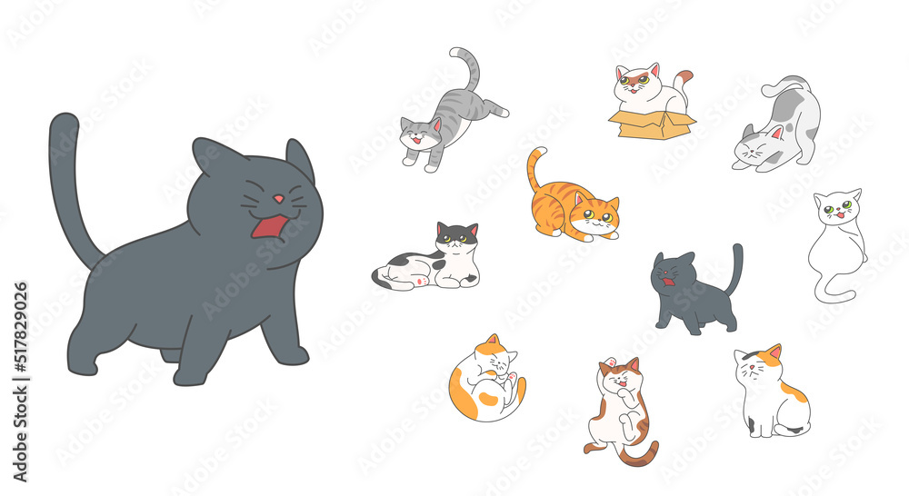 Set of cute funny cats activity such as hiding in the box, hissing, jumping, sleeping etc. Set of cute funny cats activity such as hiding in the box, hissing, jumping, sleeping etc.