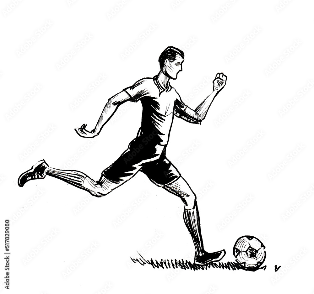 Soccer player kicking a ball. Ink black and white drawing