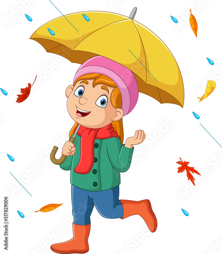 Cartoon little girl holding umbrella in the rain and falling autumn leaves