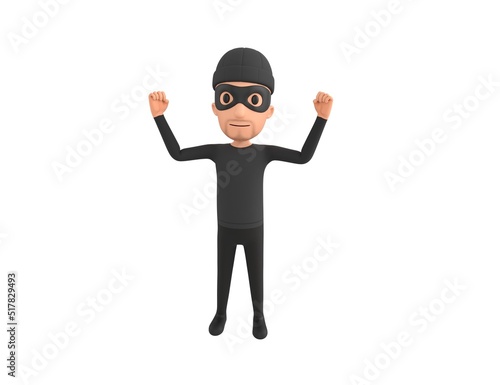 Robber character raising two fists in 3d rendering.