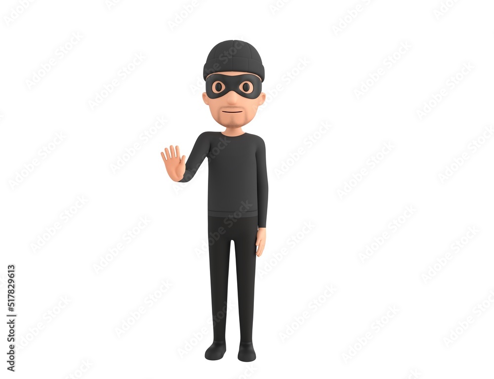 Robber character puts out his hand and orders to stop in 3d rendering. Robber character puts out his hand and orders to stop in 3d rendering.
