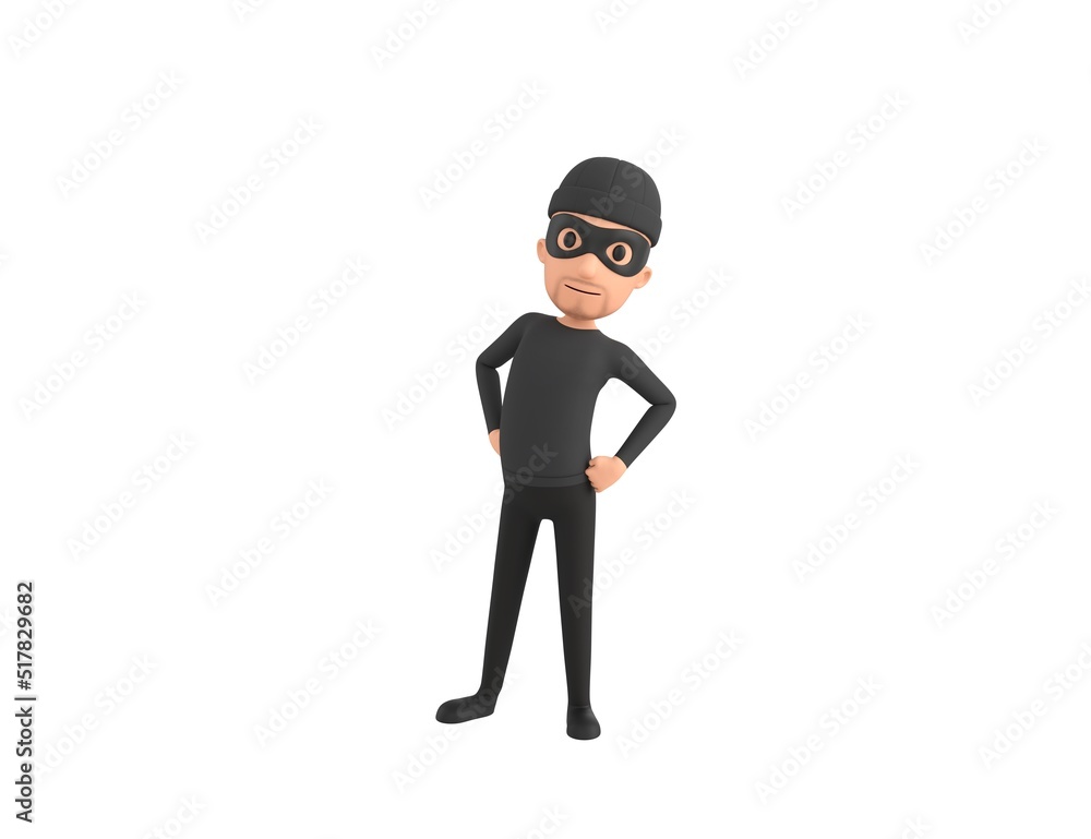 Robber character with hands on hip in 3d rendering.