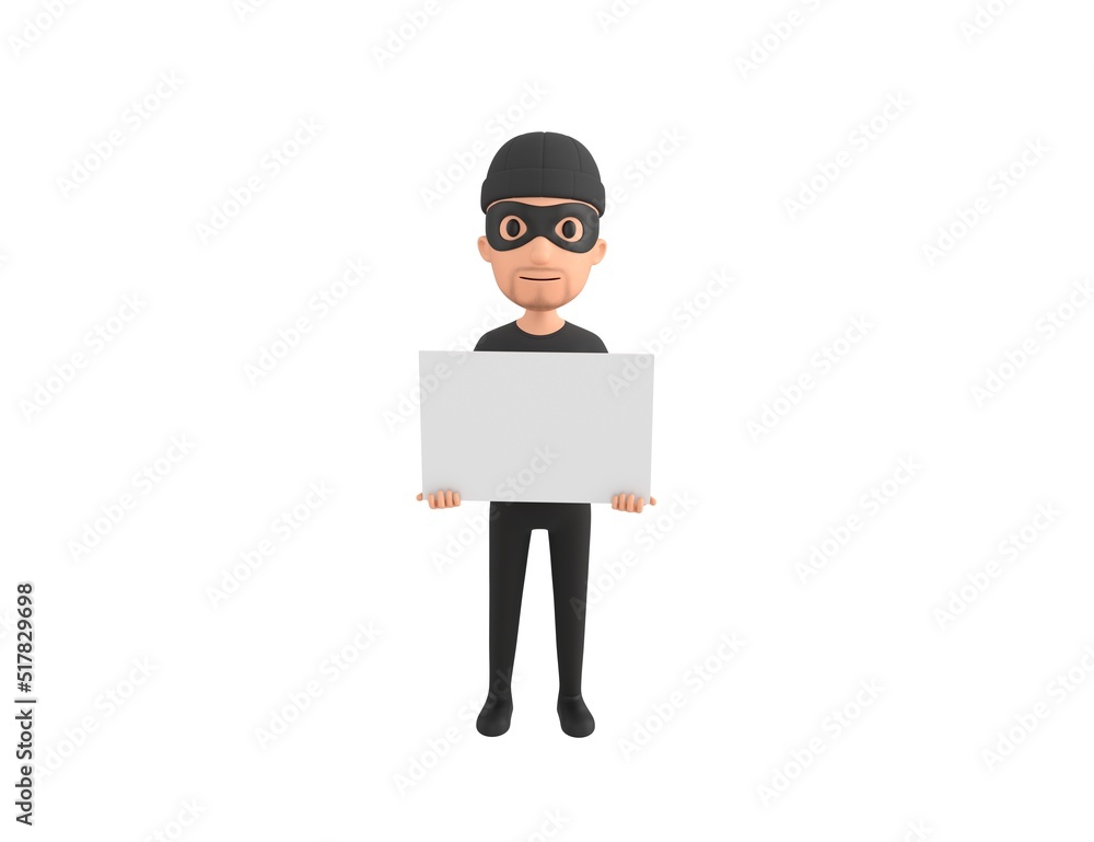 Robber character holding a blank billboard in 3d rendering.