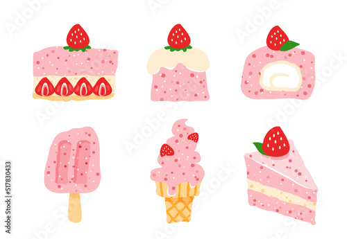 Hand drawn collection of cartoon strawberry cake doodles