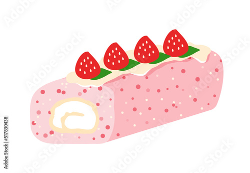 Hand drawn strawberry Swiss roll cake illustration