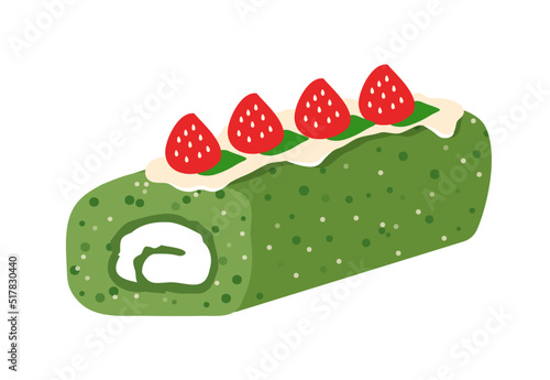 Hand drawn strawberry and matcha Swiss roll cake illustration