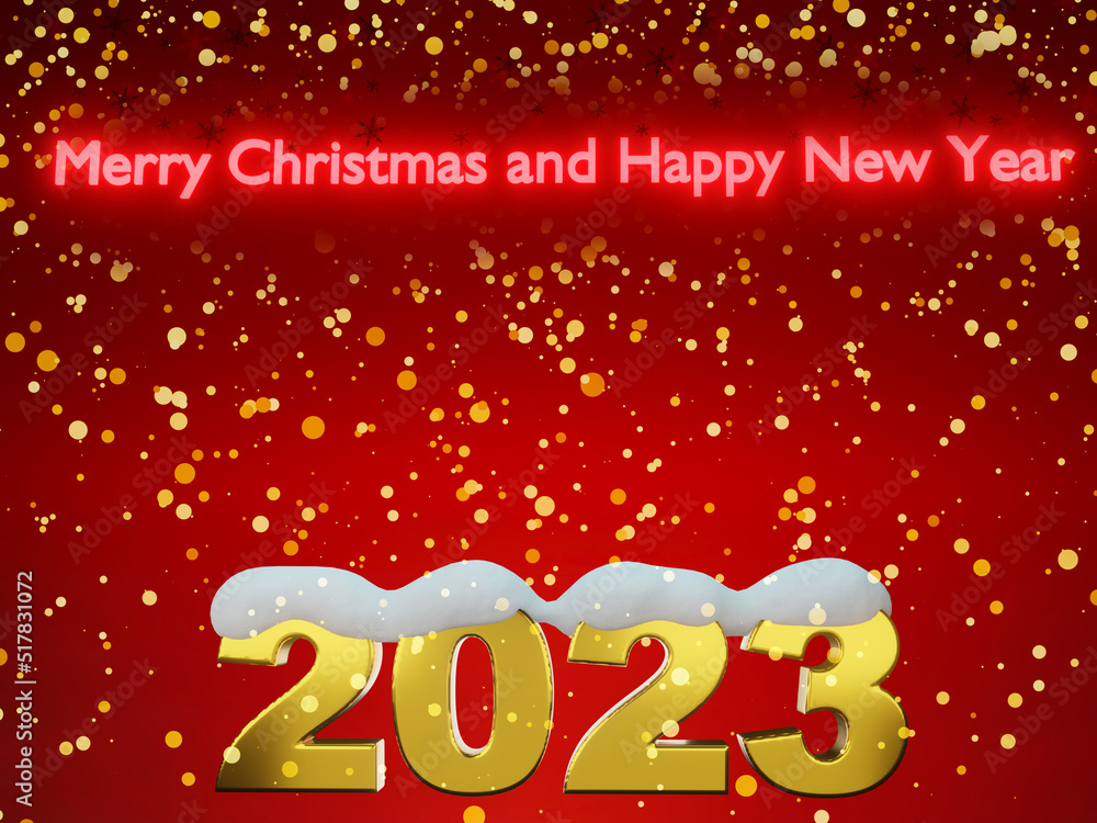 Happy New Year 2023. golden number 2023 on a red background with snow .3D rendering.