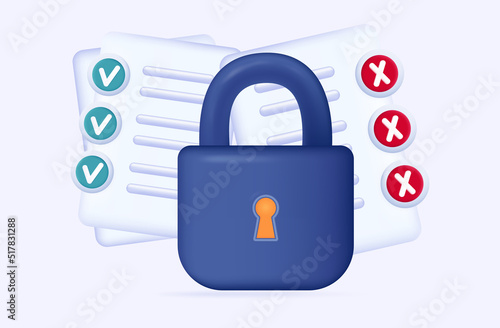 Secret information 3d. Confidential data is closed with a lock. Paper document, prohibited information. The concept of authorization, verified enter, access, secure code. Closed poll results. Vector 