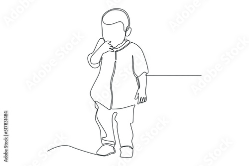 Single one line drawing adorable baby beating cancer disease. Childhood Cancer Awareness Month Concept. Continuous line draw design graphic vector illustration.