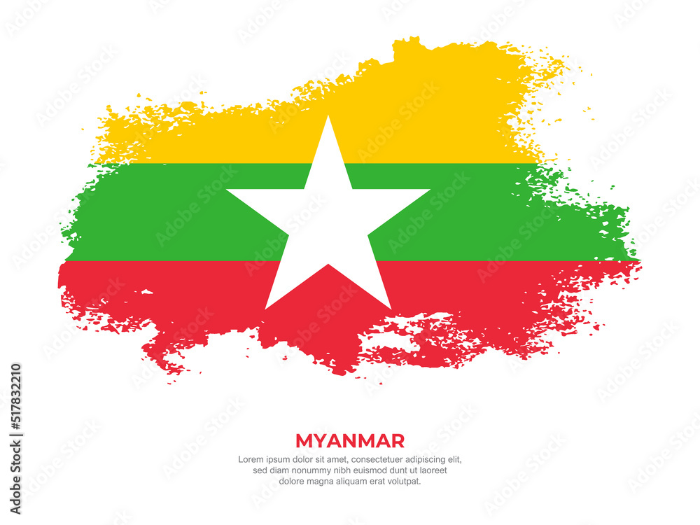 Fototapeta premium Vintage grunge style Myanmar flag with brush stroke effect vector illustration on solid background