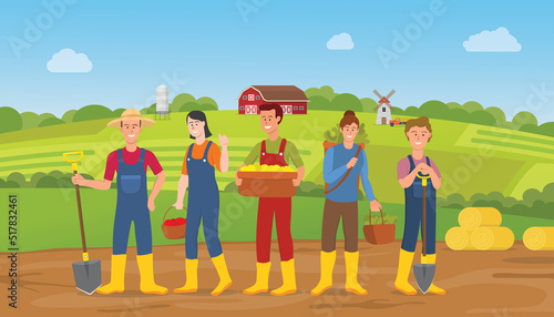 farmer people character team man and woman with farm land landscape background with modern flat style