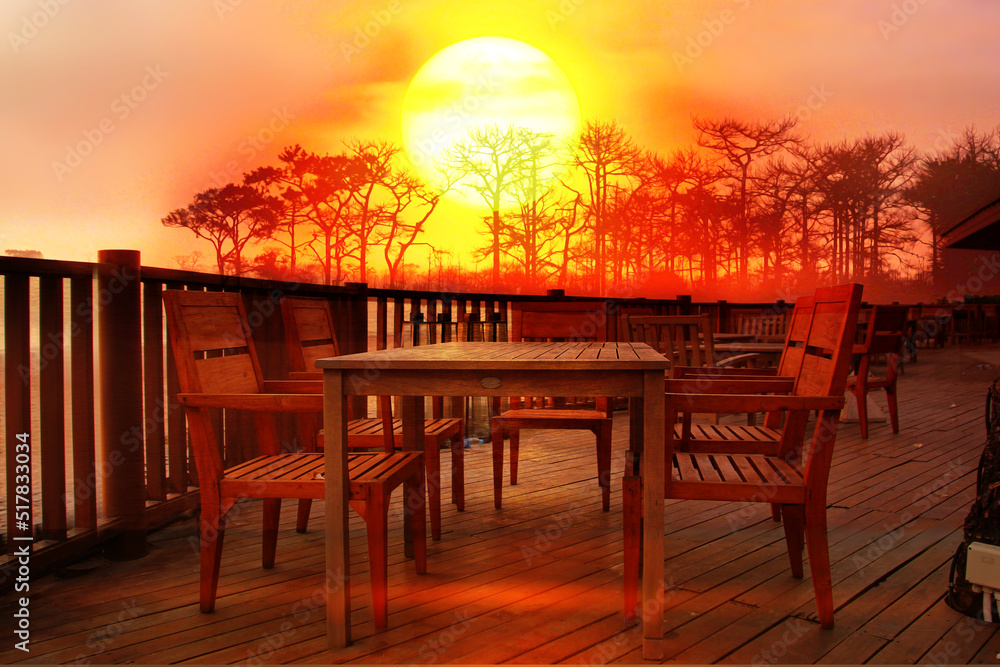 wood terrace with wooden table and desk  at view point with sun set nature background
