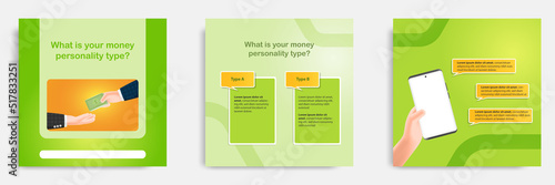 Social media post banner template layout in 3D cartoon style. Money personality type concept, comparing spenders and savers, in gradient green background color
