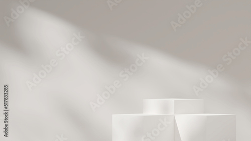 3d image rendering mockup of white podium in landscape template with sun shadow background