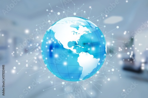 Abstract digital logistics  delivery and transportation hologram with globe and network on office background.