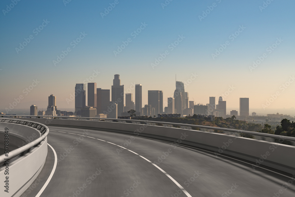 Fototapeta premium Empty urban asphalt road exterior with city buildings background. New modern highway concrete construction. Concept of way to success. Transportation logistic industry fast delivery. Los Angeles. USA.