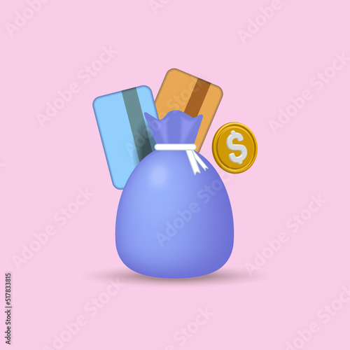 Credit cards and a money bag with dollars. Business and financial solution, 
the concept of payment and down payment. 3d vector illustration.