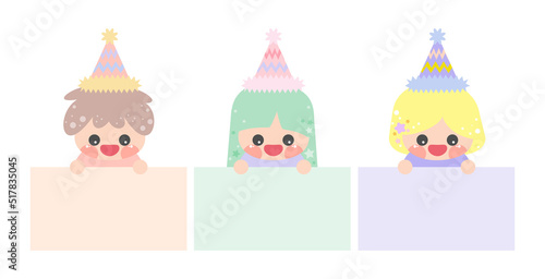 Cartoon cute little birthday hat prince princess elf holding memo set. Frame for photo, text, note, label. Little fairy to do list card collection. Isolated on white background, vector, EPS10
