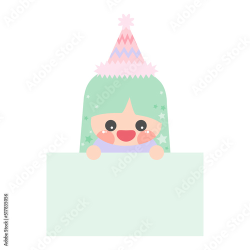 Cartoon cute little birthday hat princess elf holding light green memo. Frame for photo, text, note, label. Little fairy to-do list card. Isolated on white background, vector, illustration, EPS10