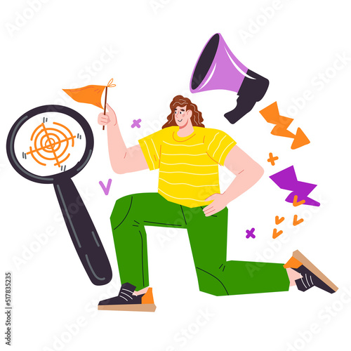 Business woman flags a completed task or achievement. Leadership, Winner, challenge and goals achievement, personal and career growth strategy, flat vector illustration isolated on white background.