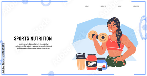 Sports nutrition and healthy training supplements website template. Fitness bodybuilding sports nutrition and energy drinks advertising web page mockup, flat vector illustration.