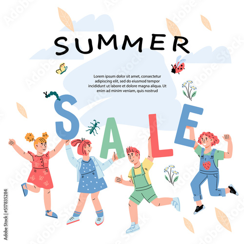 Children s clothing and school supplies sale advertising banner or poster. Summer sale and discount banner or flyer template  flat cartoon vector illustration on white background.