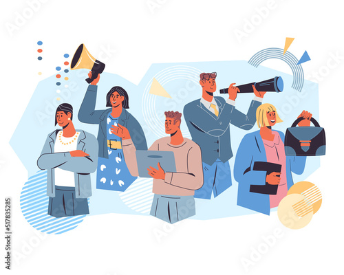 Joint teamwork and team building. Cooperation and partnership in business team, collaborative project or company staff, flat cartoon vector illustration isolated on white background.