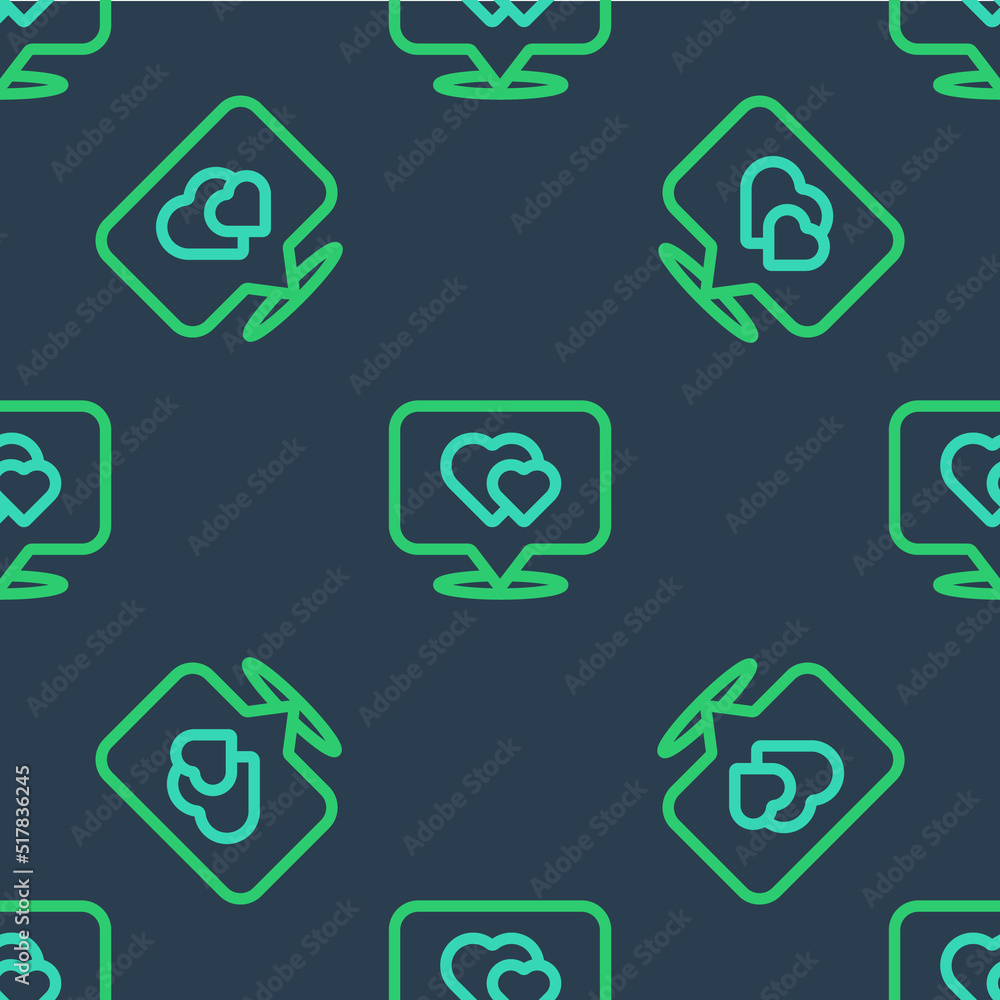 Line Map pointer with heart icon isolated seamless pattern on blue background. Valentines day. Love location. Romantic map pin. Vector Line Map pointer with heart icon isolated seamless pattern on blue background. Valentines day. Love location. Romantic map pin. Vector