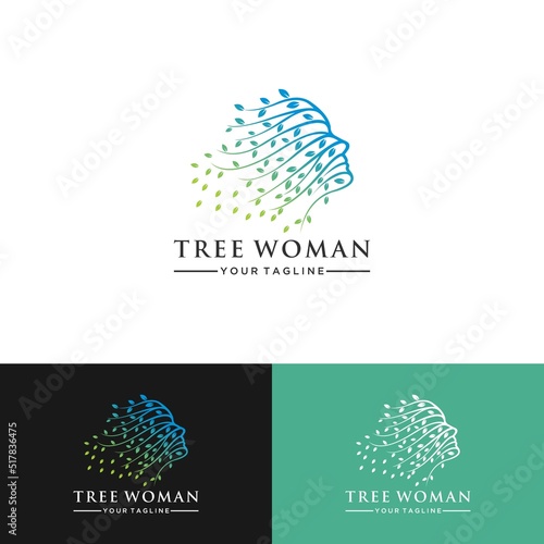 Green spring blooming tree with human face and roots on white background, vector, Vector person ecological, think green, tree brain logo concept. Unique Tree Vector illustration with circle .