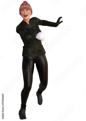 3D Girl in black leather outfit with snowball