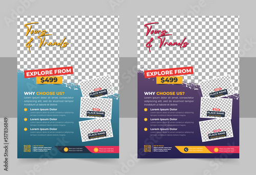 Travel poster or flyer pamphlet brochure design layout space for photo background. Multicolor Travel flyer template for travel agency