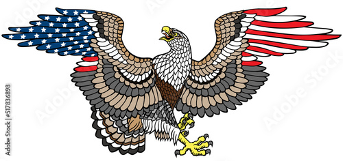 White-headed bald eagle with wings of American flag colour. Traditional stylized tattoo style vector illustration