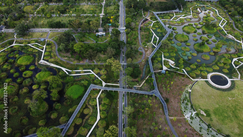 Aerial view of Benjakitti public Park in Bangkok  Thailand. The park is located in the heart of the main business district of Thailand s capital.