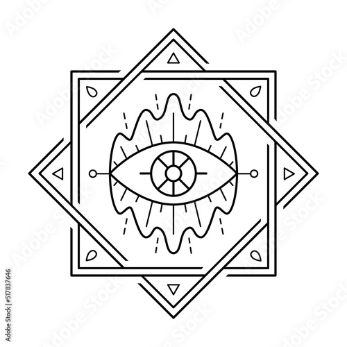 Evil Seeing eye symbol in frame. Occult mystic emblem print, graphic design tattoo. Esoteric sign alchemy, providence sight