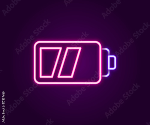 Glowing neon line Battery for camera icon isolated on black background. Lightning bolt symbol. Colorful outline concept. Vector
