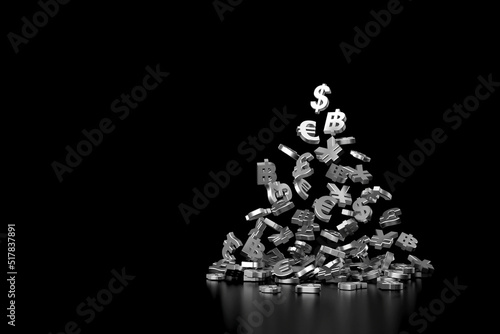 Falling silver currency sign. 3D rendering.