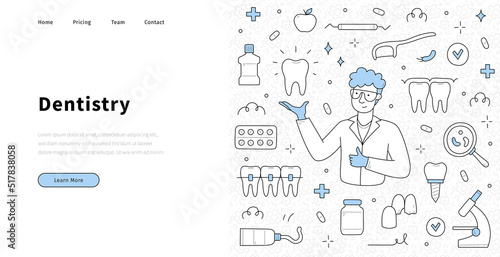 Dentistry medicine doodle landing page. Stomatology doctor with healthy shining tooth in hand, medical linear equipment icons around. Dental clinic services, teeth and caries treatment vector banner