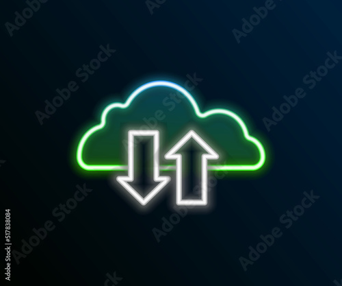 Glowing neon line Cloud download and upload icon isolated on black background. Colorful outline concept. Vector