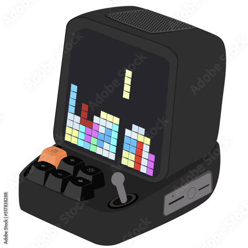 Vector flat illustration. Portable wireless trendy black speaker isolated on white background. New model. A pixel tetris game is on the screen. The concept of listening to music outside or at home.