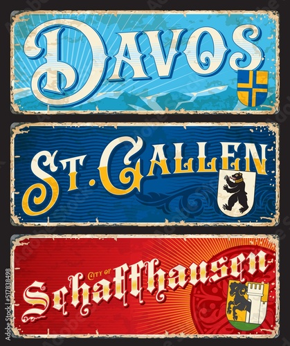 Davos, Saint Gallen, Schaffhausen, Swiss city travel stickers and plates, vector luggage tags. Switzerland travel tin signs and tourism trip stickers or grunge plates with Swiss canton cities emblems