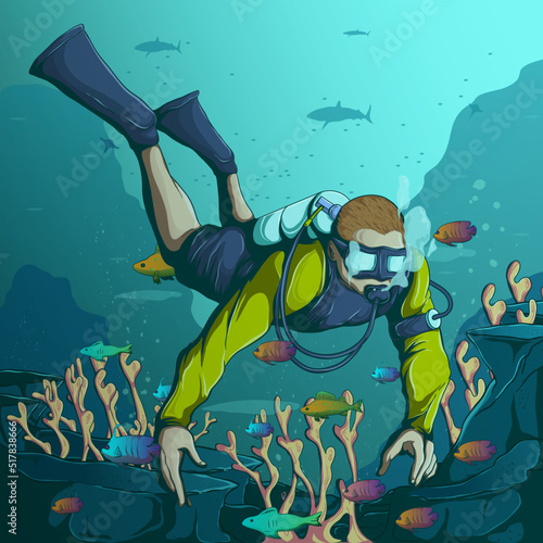 scuba diver in the ocean vector illustration