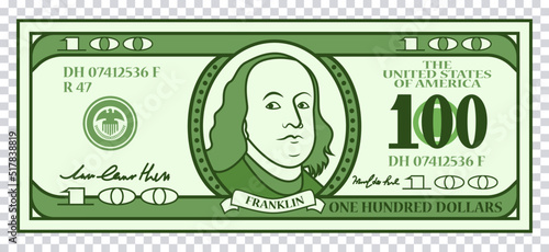 llustration of 100 dollars banknote with franklin on transparent background. Vector.