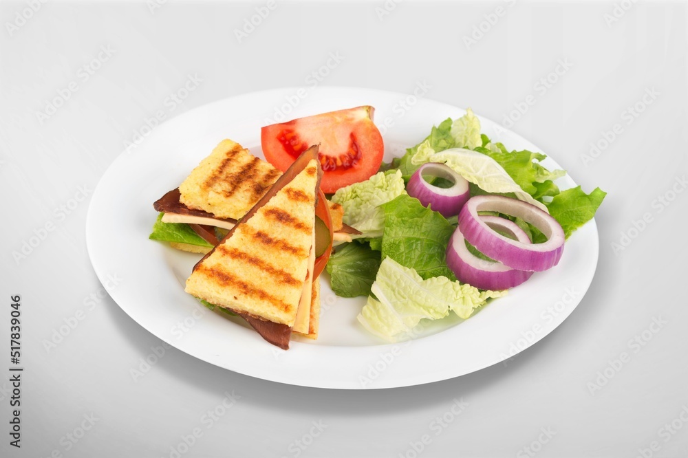 Delicious toasted sandwiches with cheddar cheese and bacon on the plate Delicious toasted sandwiches with cheddar cheese and bacon on the plate