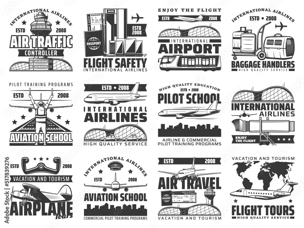 Aviation icons of airport planes and airline luggage service, flight tours and pilot school, vector emblems. Aviator academy training and retro propeller plane travel tours, air tourism and vacations