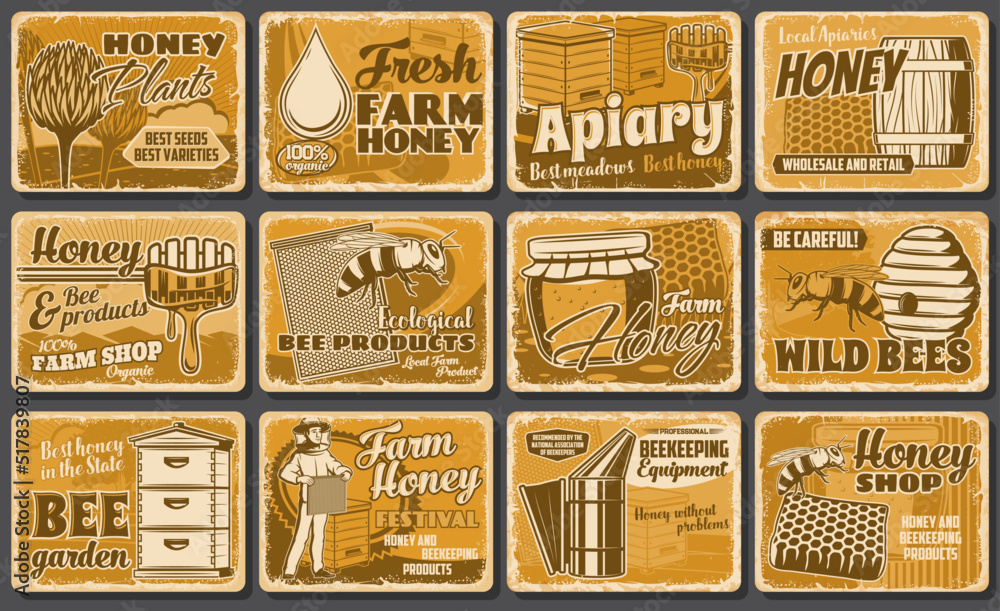 Honey beekeeping apiary, beekeeper hives and honeycomb, vector retro posters or metal plates. Apiary farm and beekeeper gathering honey from hives and honeycombs, beekeeping equipment and bee products