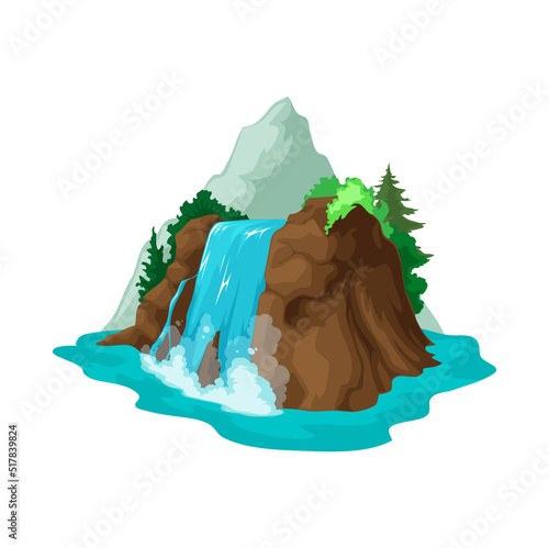 Vector cartoon landscape with waterfall, mountain and pine tree, game asset element. River waterfalls, water cascade streams scene