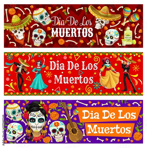 Dia de los Muertos Mexican characters and sugar calavera skulls. Day of dead holiday personages and items. Vector banners with Catrina, mariachi and dancer skeletons, marigold flowers, bones, guitar